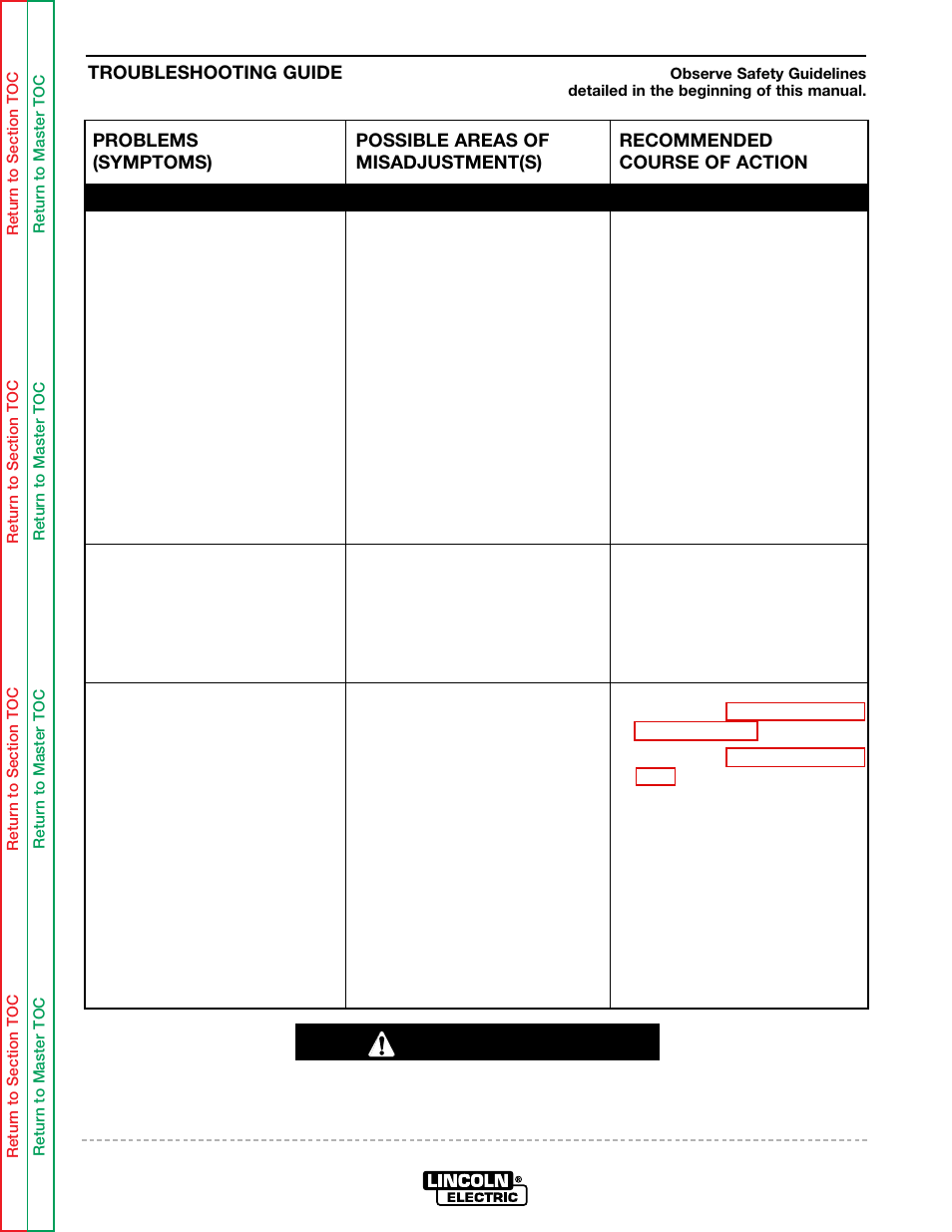 Poor arc characteristics, The welding arc is variable and sluggish, Troubleshooting & repair | Caution | Lincoln Electric IDEALARC SVM136-A User Manual | Page 49 / 102