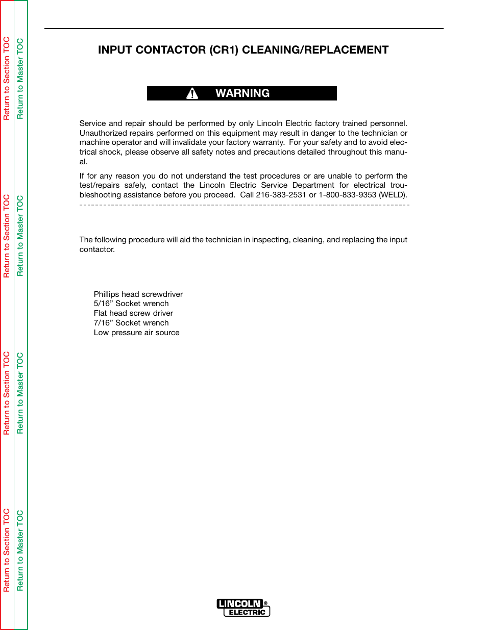 Troubleshooting & repair, Input contactor (cr1) cleaning/replacement, Warning | Lincoln Electric IDEALARC SVM136-A User Manual | Page 72 / 102