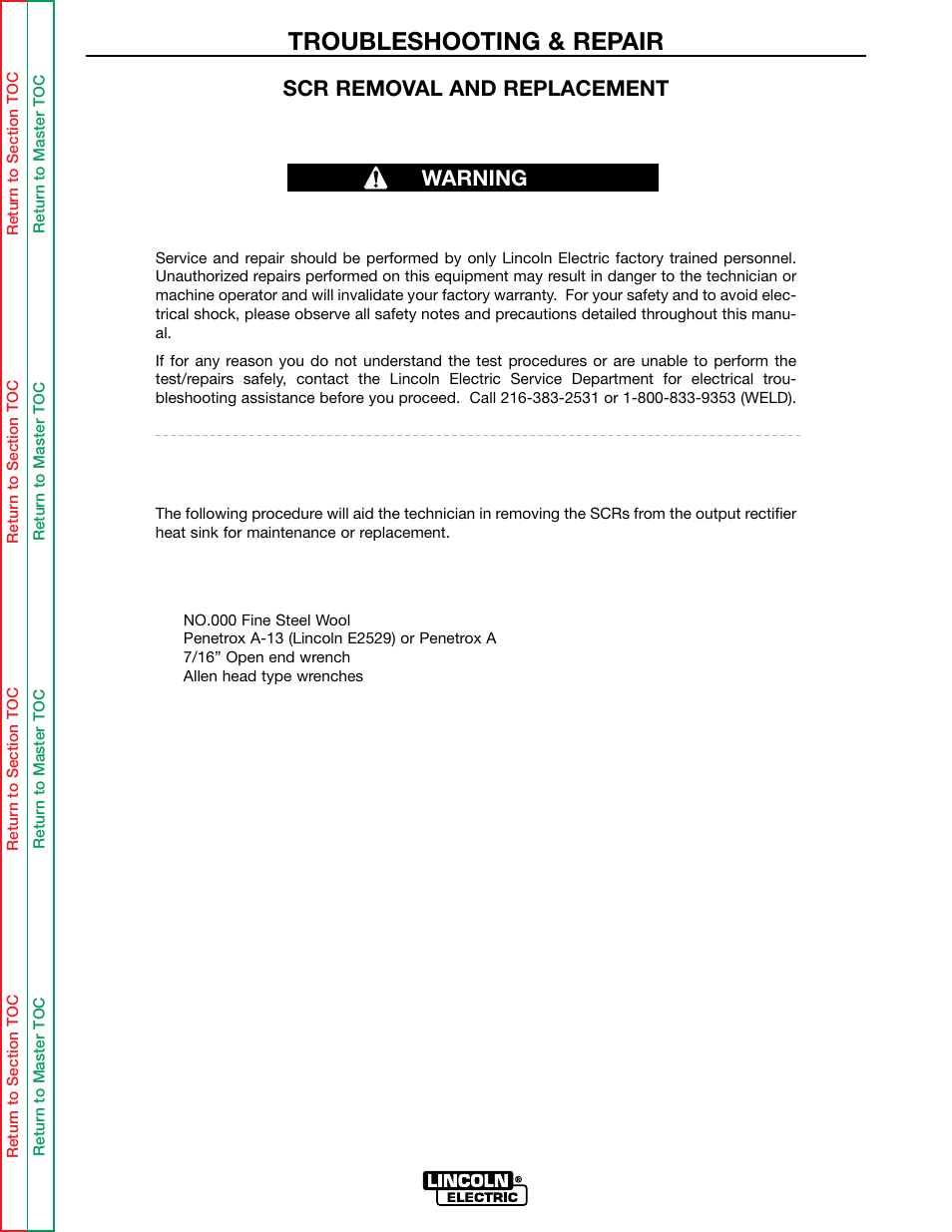 Troubleshooting & repair, Scr removal and replacement, Warning | Lincoln Electric IDEALARC SVM136-A User Manual | Page 78 / 102