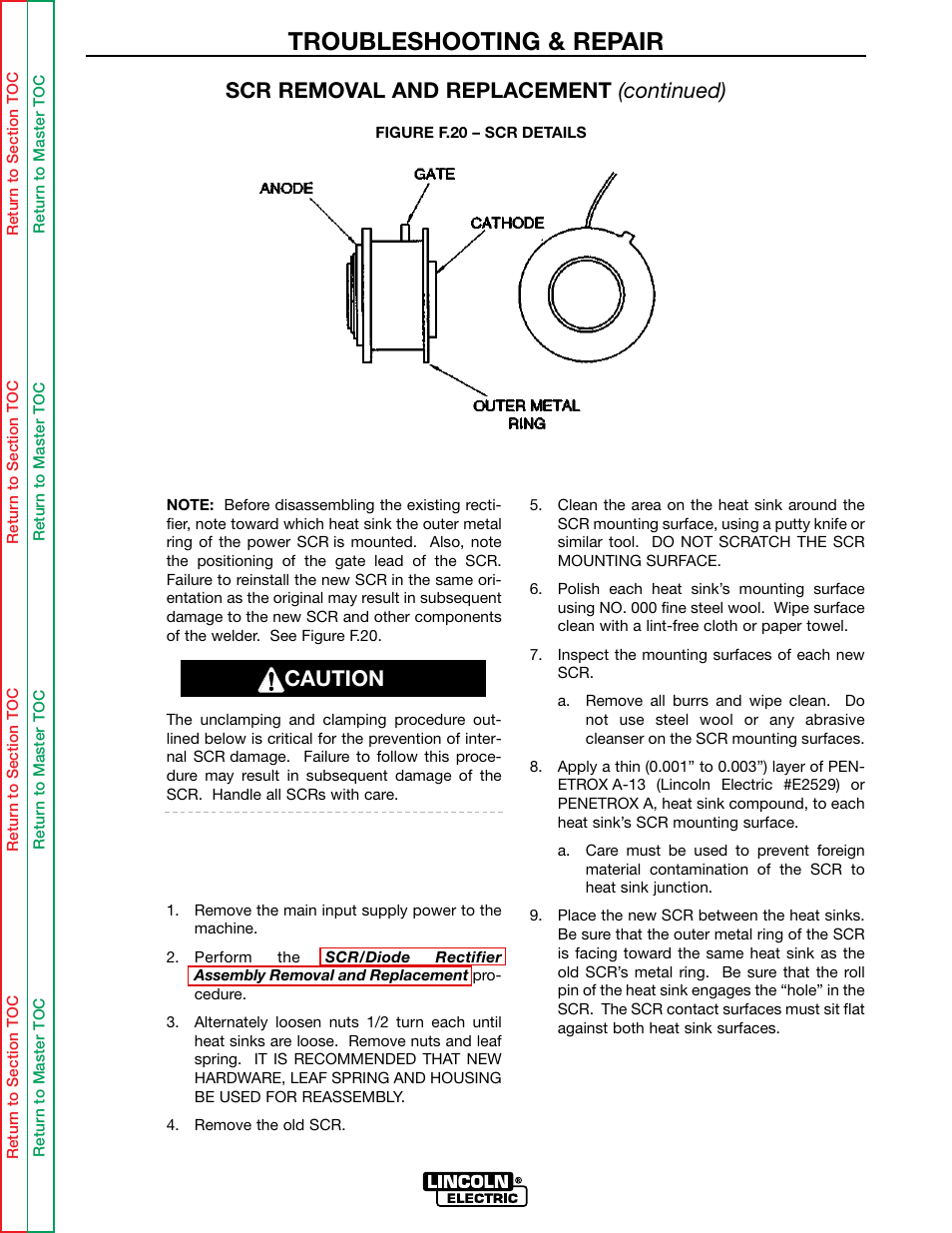 Troubleshooting & repair, Scr removal and replacement (continued), Caution | Lincoln Electric IDEALARC SVM136-A User Manual | Page 79 / 102