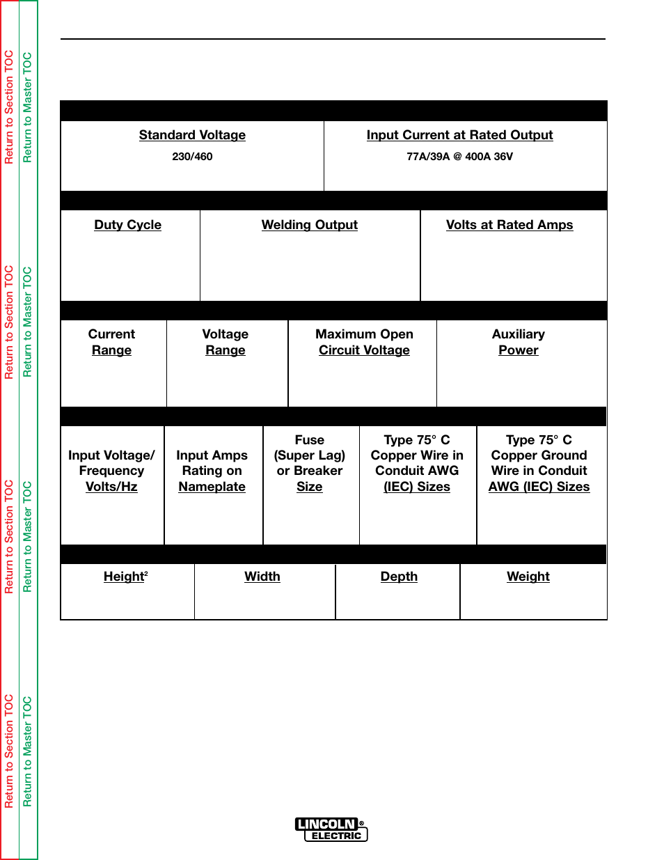 Installation, Rated output, Output | Recommended input wire and fuse sizes, Physical dimensions | Lincoln Electric IDEALARC SVM136-A User Manual | Page 8 / 102