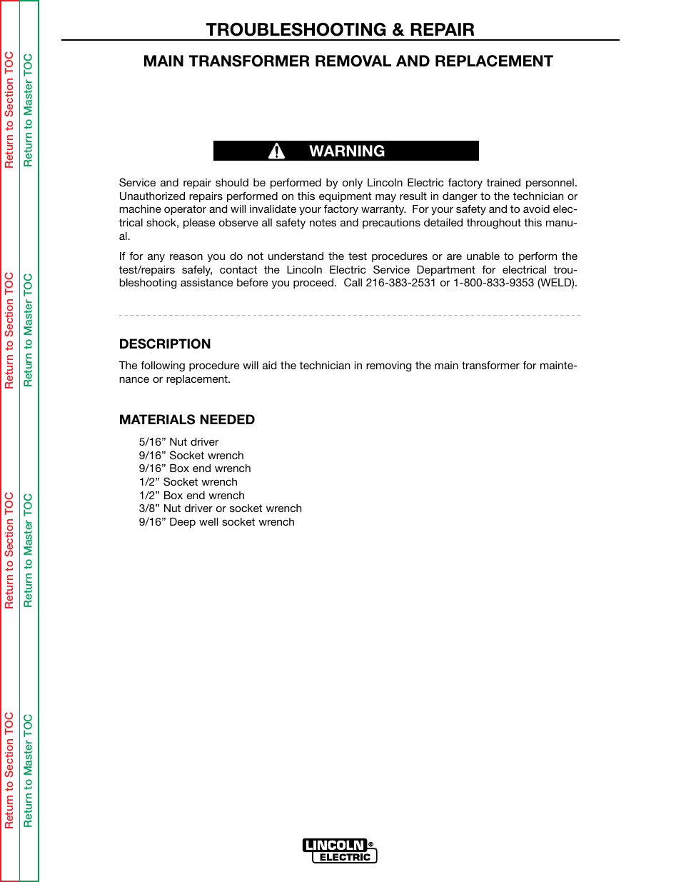 Troubleshooting & repair, Main transformer removal and replacement, Warning | Lincoln Electric IDEALARC SVM136-A User Manual | Page 86 / 102