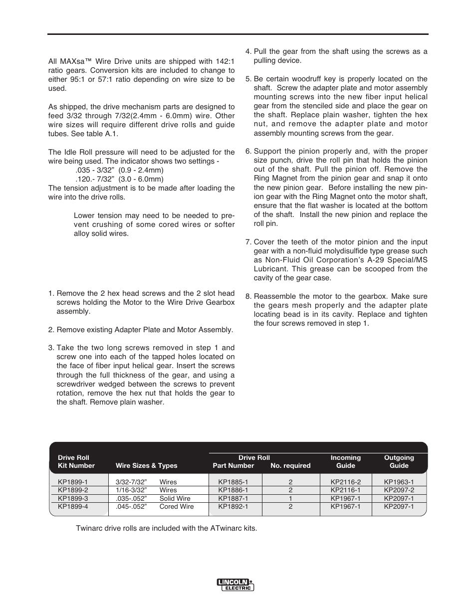 Installation, A-8 wire feed mechanism, Gear ratio conversion kits | Important | Lincoln Electric MAXSA IM10024 User Manual | Page 15 / 45