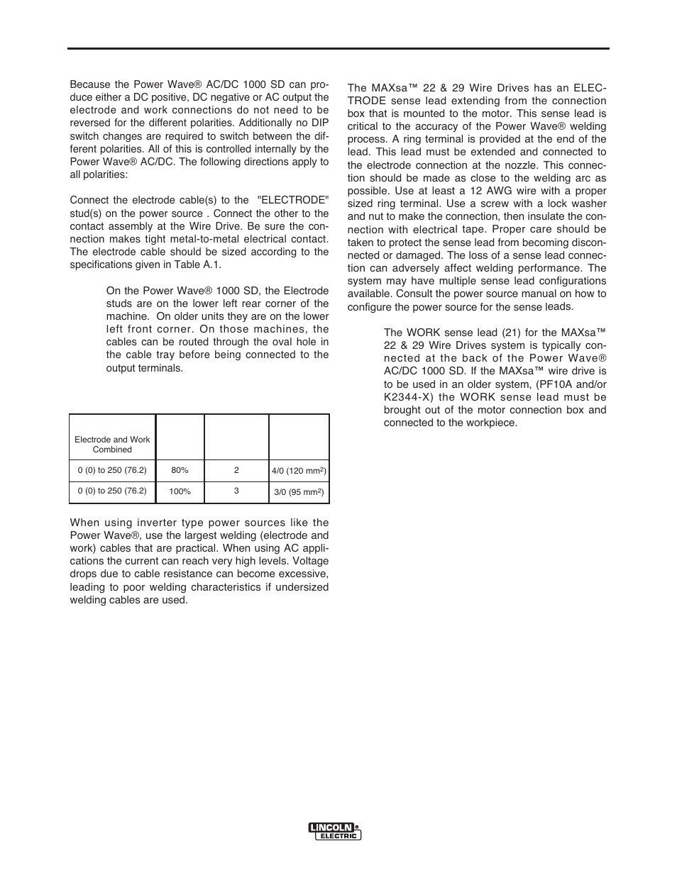 Installation, A-9 electrode connections, Remote sense lead specifications | Lincoln Electric MAXSA IM10024 User Manual | Page 16 / 45