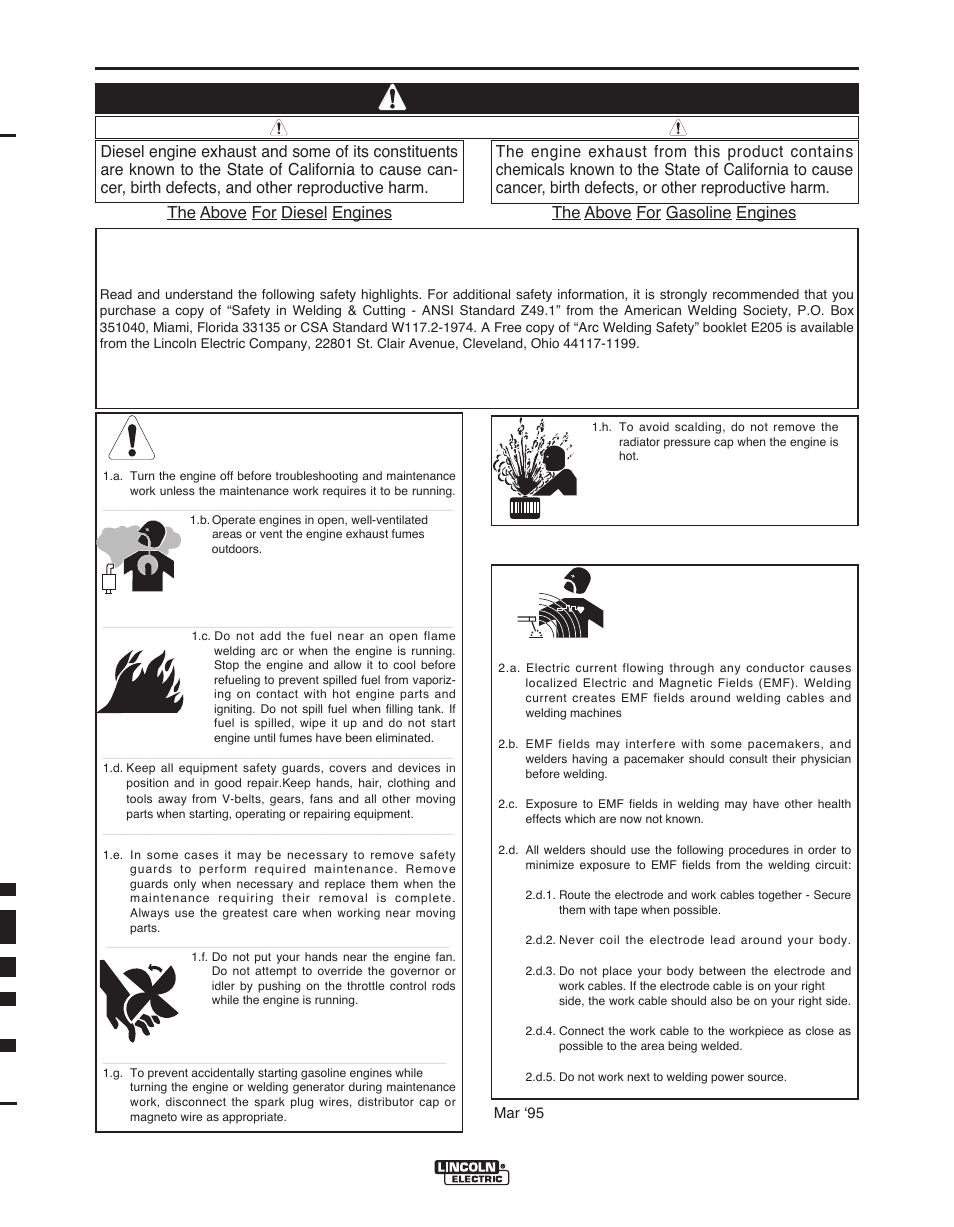 Warning, Safety, For engine powered equipment | Electric and magnetic fields may be dangerous | Lincoln Electric MAXSA IM10024 User Manual | Page 2 / 45