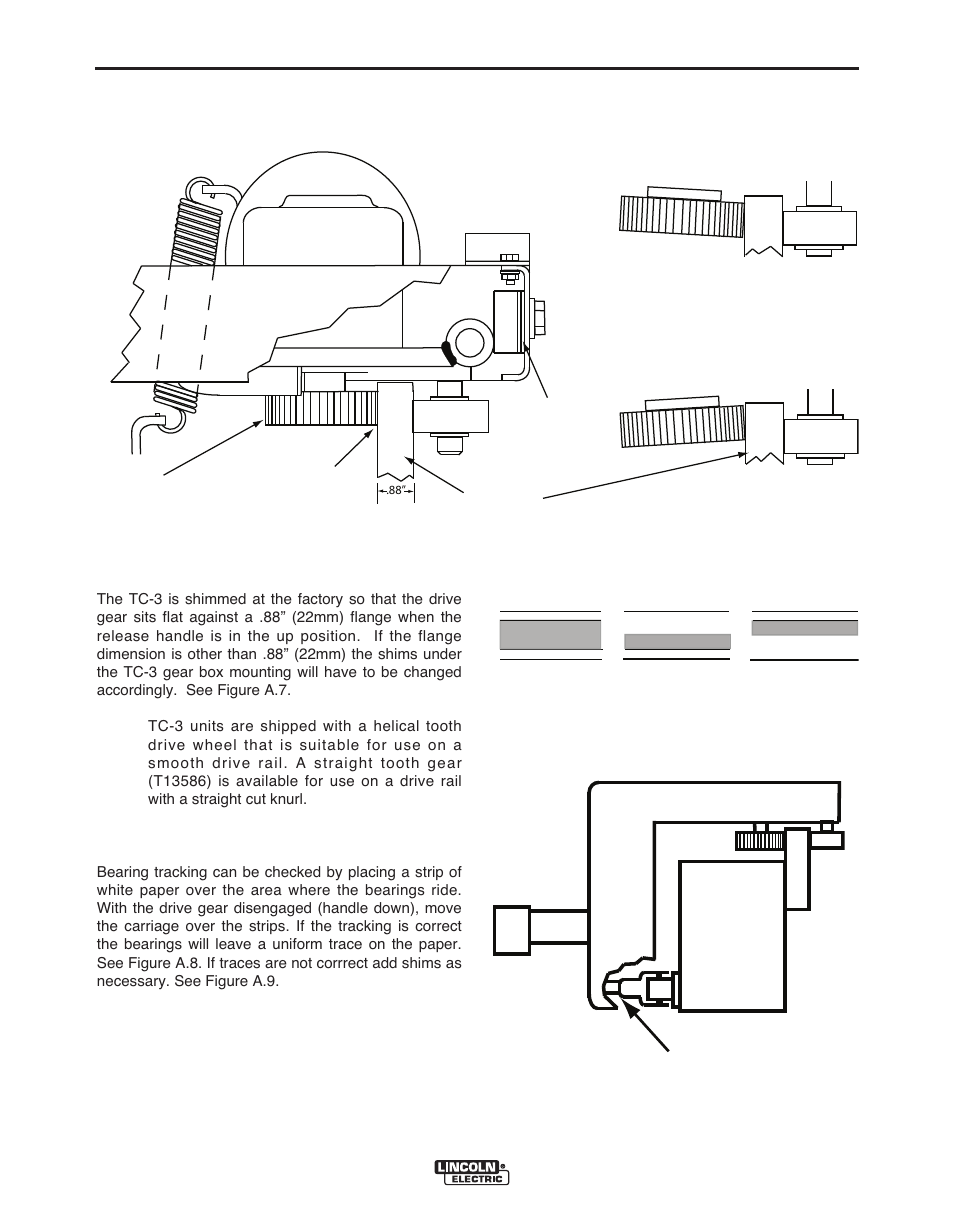 Shim here, Drive gear, Installation | Beam drive rail shims full face contact, Incorrect add shims incorrect remove shims | Lincoln Electric MAXSA IM10024 User Manual | Page 20 / 45