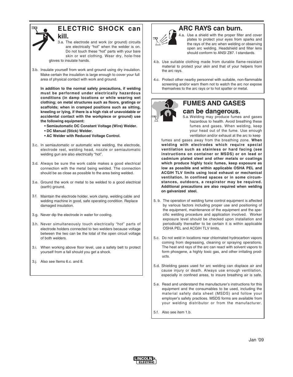 Safety, Arc rays can burn, Electric shock can kill | Fumes and gases can be dangerous | Lincoln Electric MAXSA IM10024 User Manual | Page 3 / 45