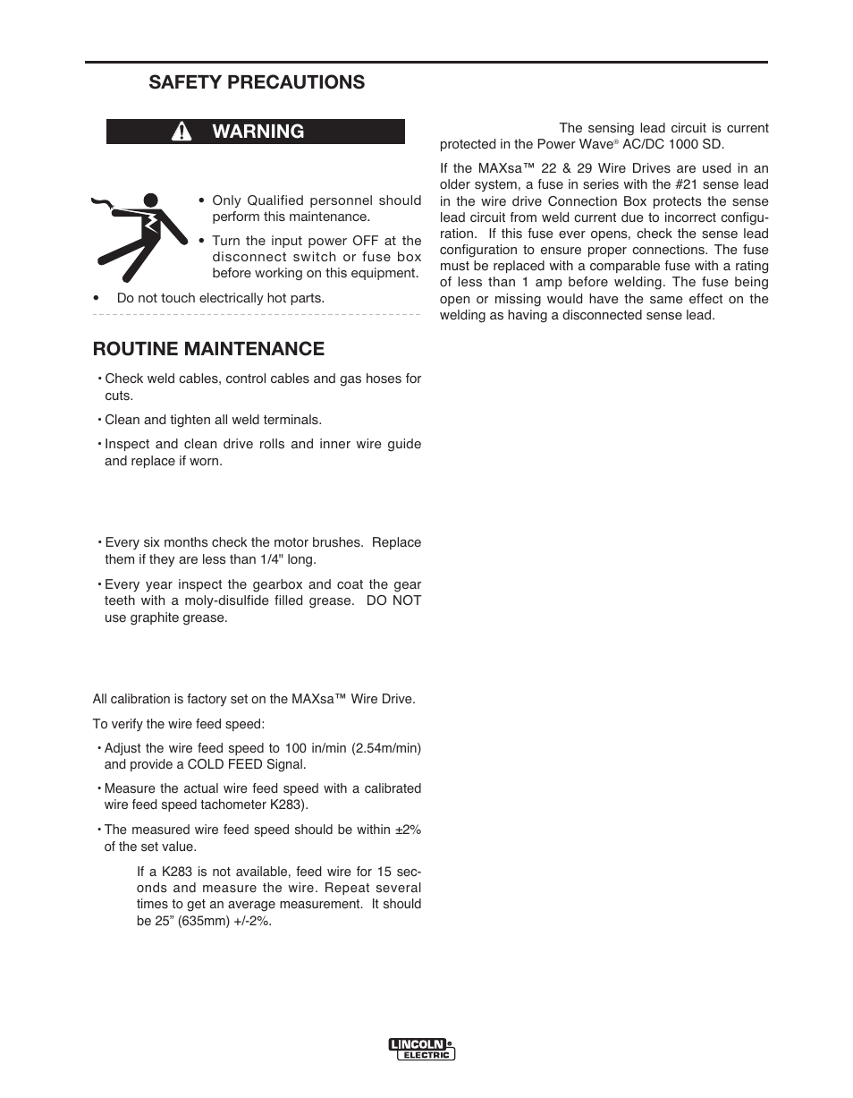 Maintenance, Safety precautions, Routine maintenance | Periodic maintenance, Calibration specification, Warning | Lincoln Electric MAXSA IM10024 User Manual | Page 38 / 45