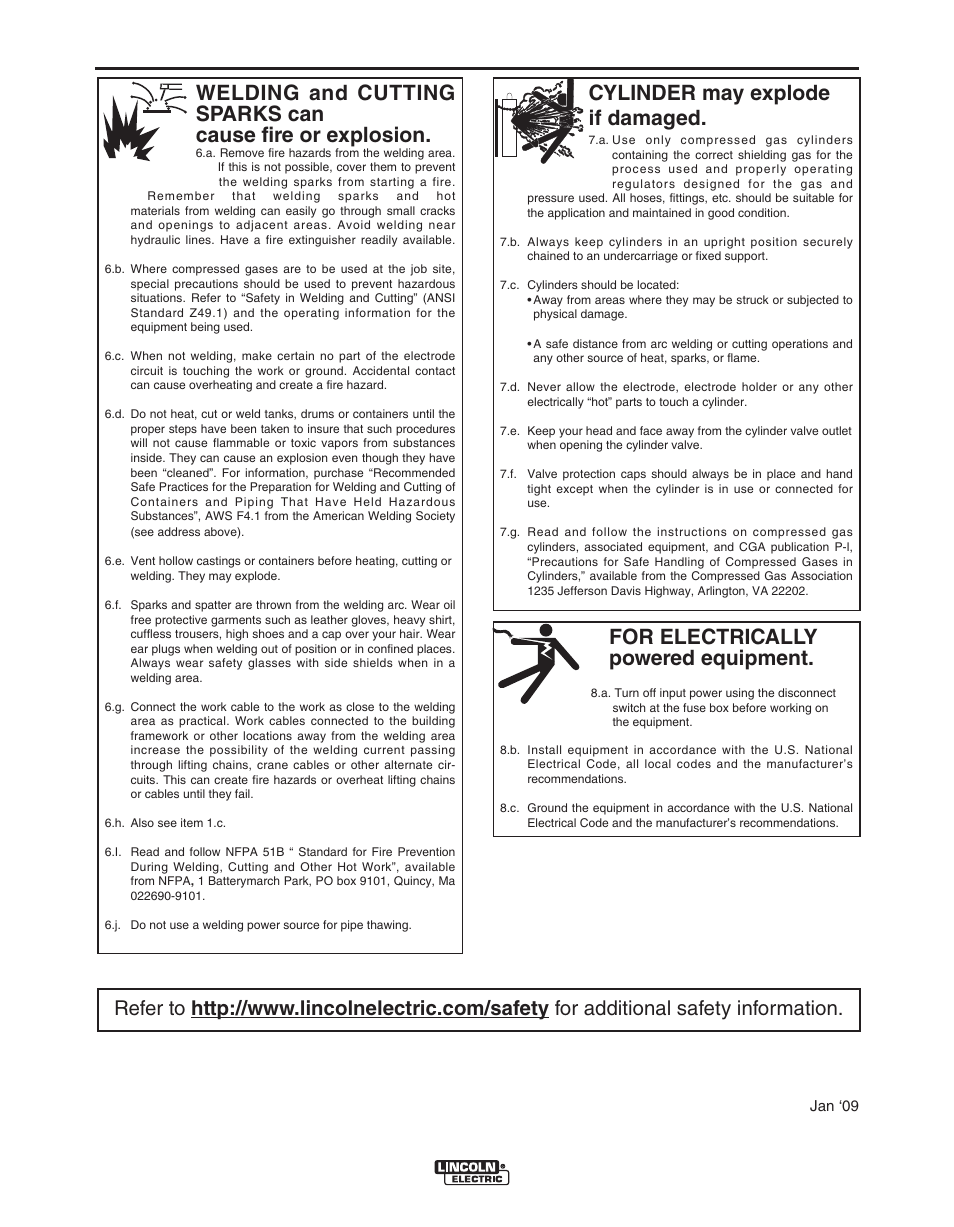 Safety, For electrically powered equipment, Cylinder may explode if damaged | Lincoln Electric MAXSA IM10024 User Manual | Page 4 / 45