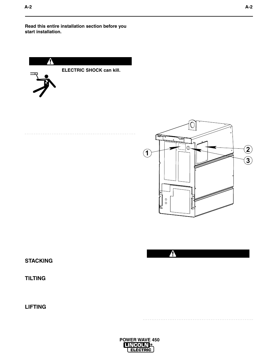 Installation, Safety precautions, Select suitable location | High frequency precautions, Input connections, Warning | Lincoln Electric INVERTEC POWER WAVE 450 IM524-D User Manual | Page 10 / 54