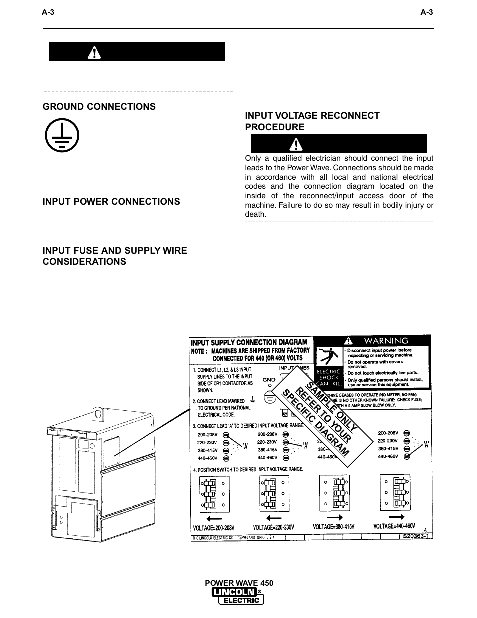 Installation, Caution warning | Lincoln Electric INVERTEC POWER WAVE 450 IM524-D User Manual | Page 11 / 54