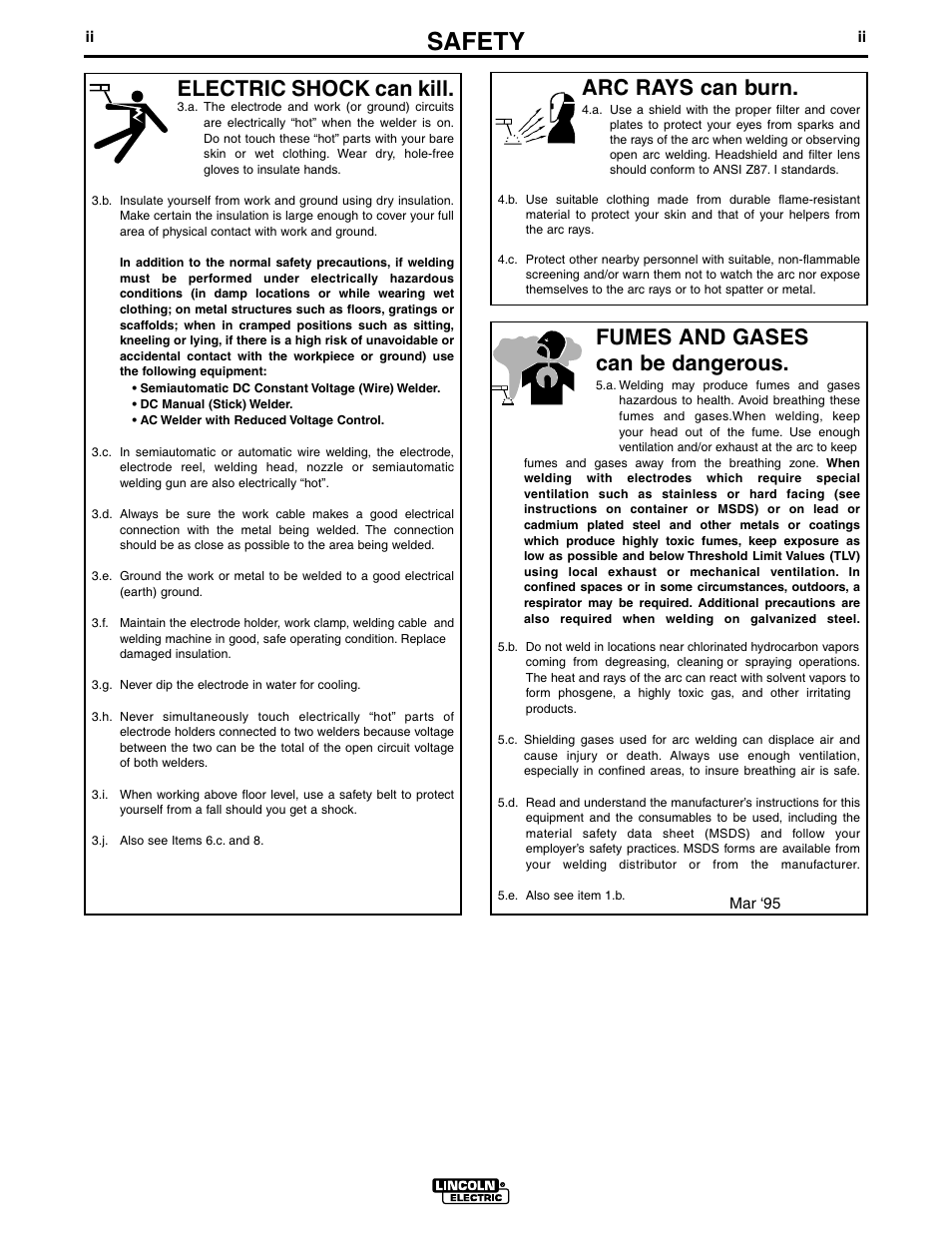 Safety, Arc rays can burn, Electric shock can kill | Fumes and gases can be dangerous | Lincoln Electric INVERTEC POWER WAVE 450 IM524-D User Manual | Page 3 / 54