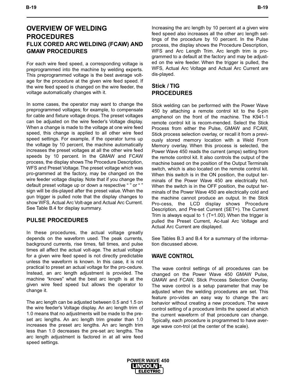 Operation, Overview of welding procedures | Lincoln Electric INVERTEC POWER WAVE 450 IM524-D User Manual | Page 31 / 54