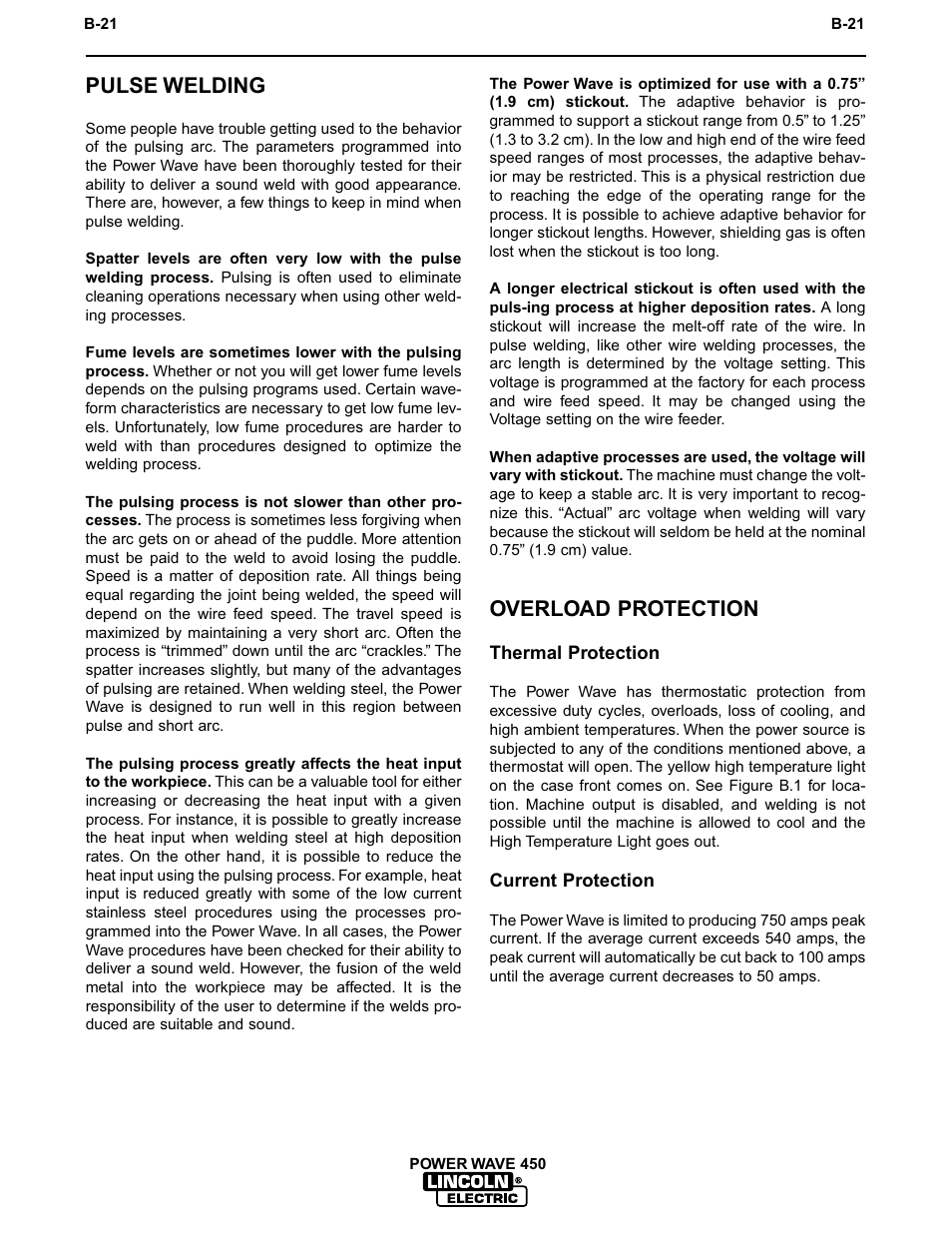 Operation, Pulse welding, Overload protection | Lincoln Electric INVERTEC POWER WAVE 450 IM524-D User Manual | Page 33 / 54