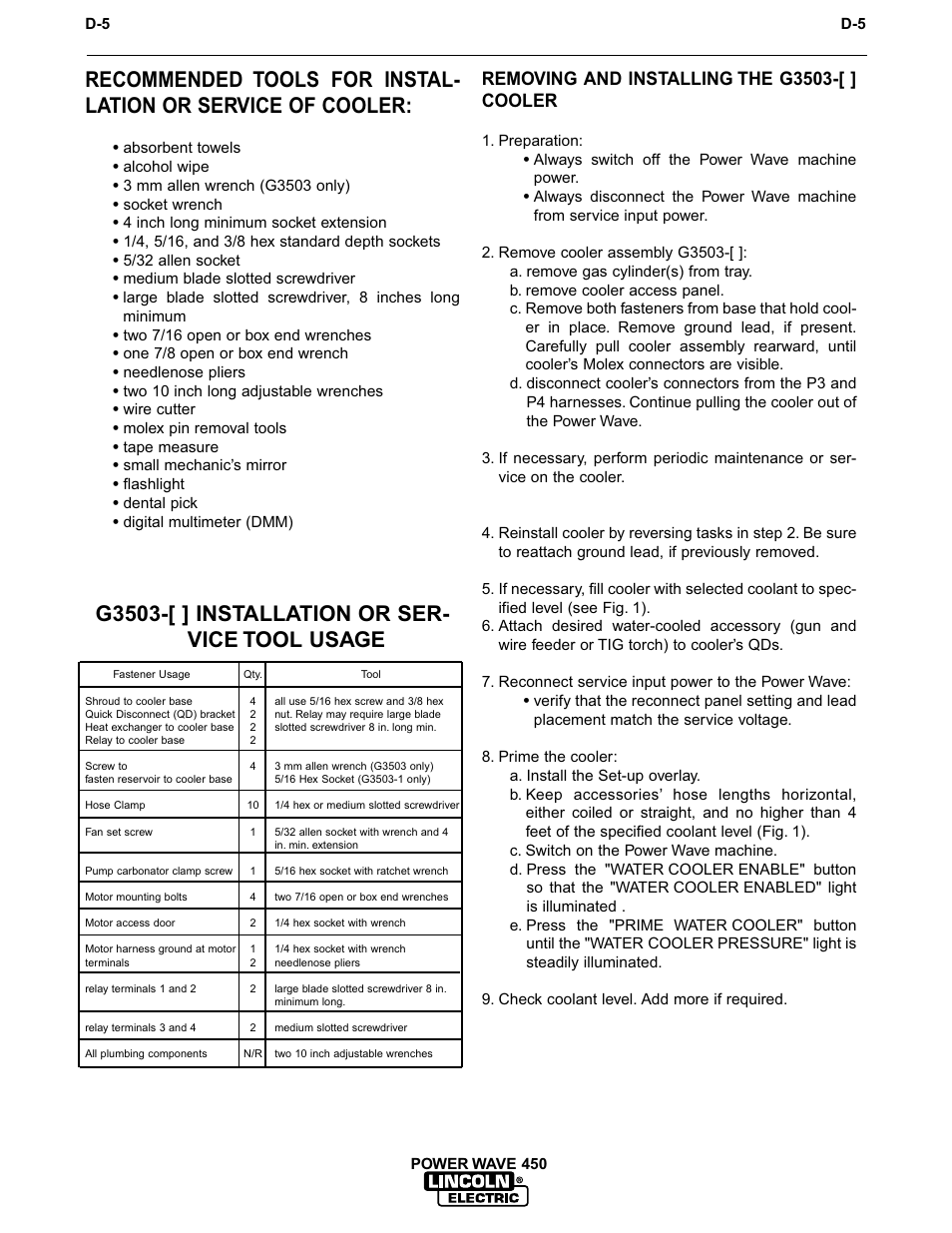 Maintenance, G3503-[ ] installation or ser- vice tool usage, Removing and installing the g3503-[ ] cooler | Lincoln Electric INVERTEC POWER WAVE 450 IM524-D User Manual | Page 40 / 54