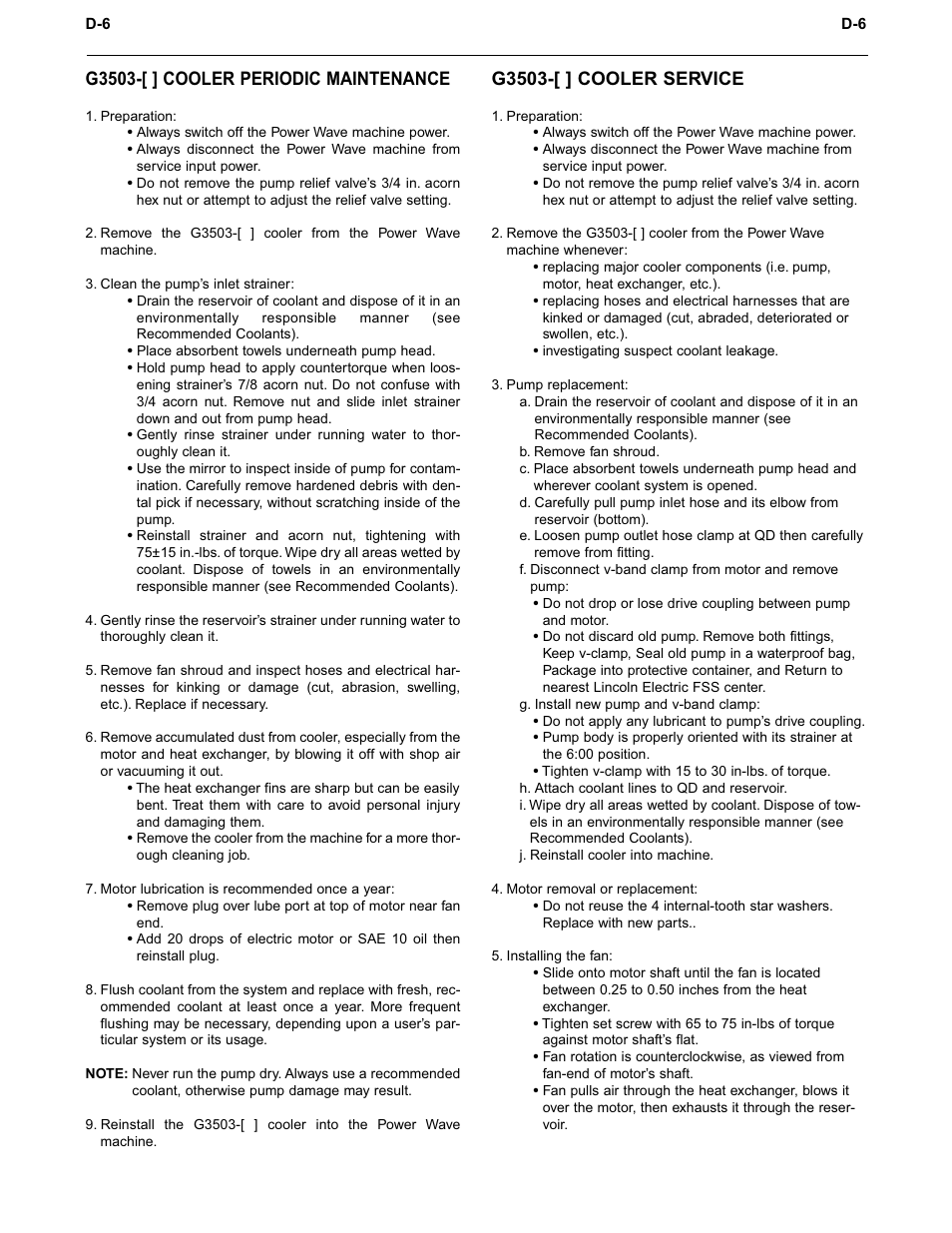 Maintenance, G3503-[ ] cooler periodic maintenance, G3503-[ ] cooler service | Lincoln Electric INVERTEC POWER WAVE 450 IM524-D User Manual | Page 41 / 54