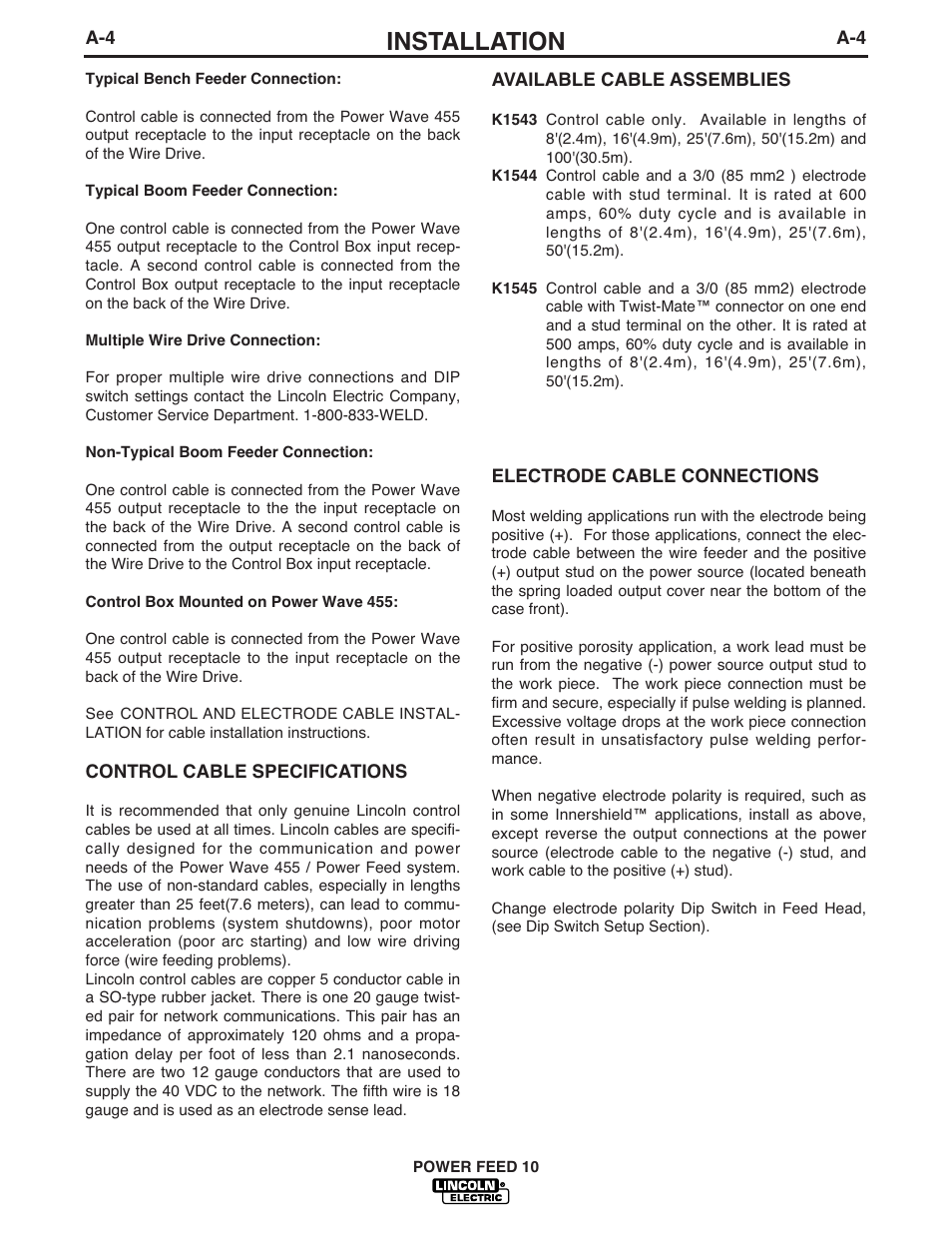 Installation | Lincoln Electric POWER FEED IM584-D User Manual | Page 12 / 68