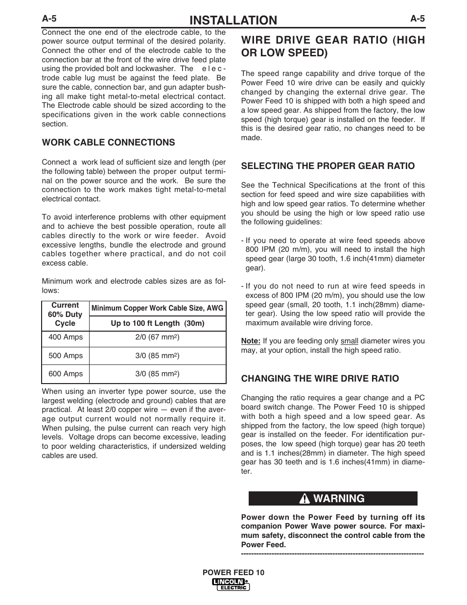 Installation, Wire drive gear ratio (high or low speed), Warning | Lincoln Electric POWER FEED IM584-D User Manual | Page 13 / 68
