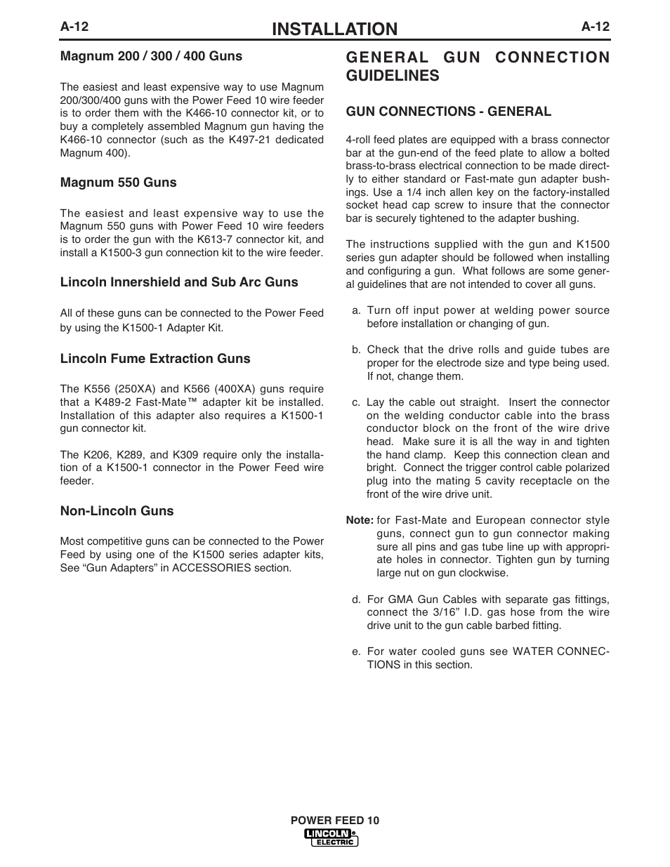 Installation, General gun connection guidelines | Lincoln Electric POWER FEED IM584-D User Manual | Page 20 / 68