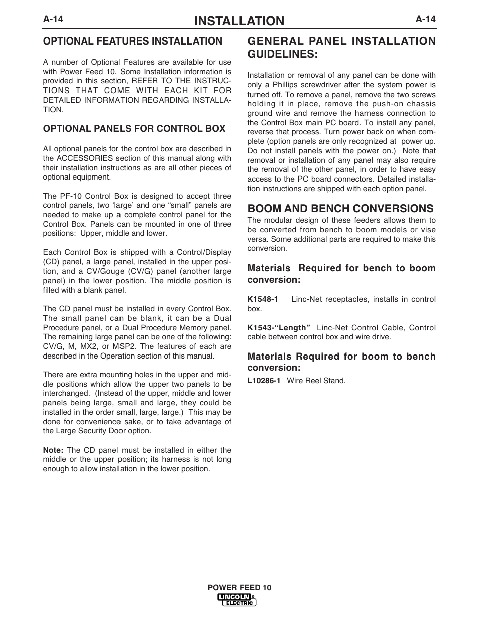 Installation, Optional features installation, General panel installation guidelines | Boom and bench conversions | Lincoln Electric POWER FEED IM584-D User Manual | Page 22 / 68