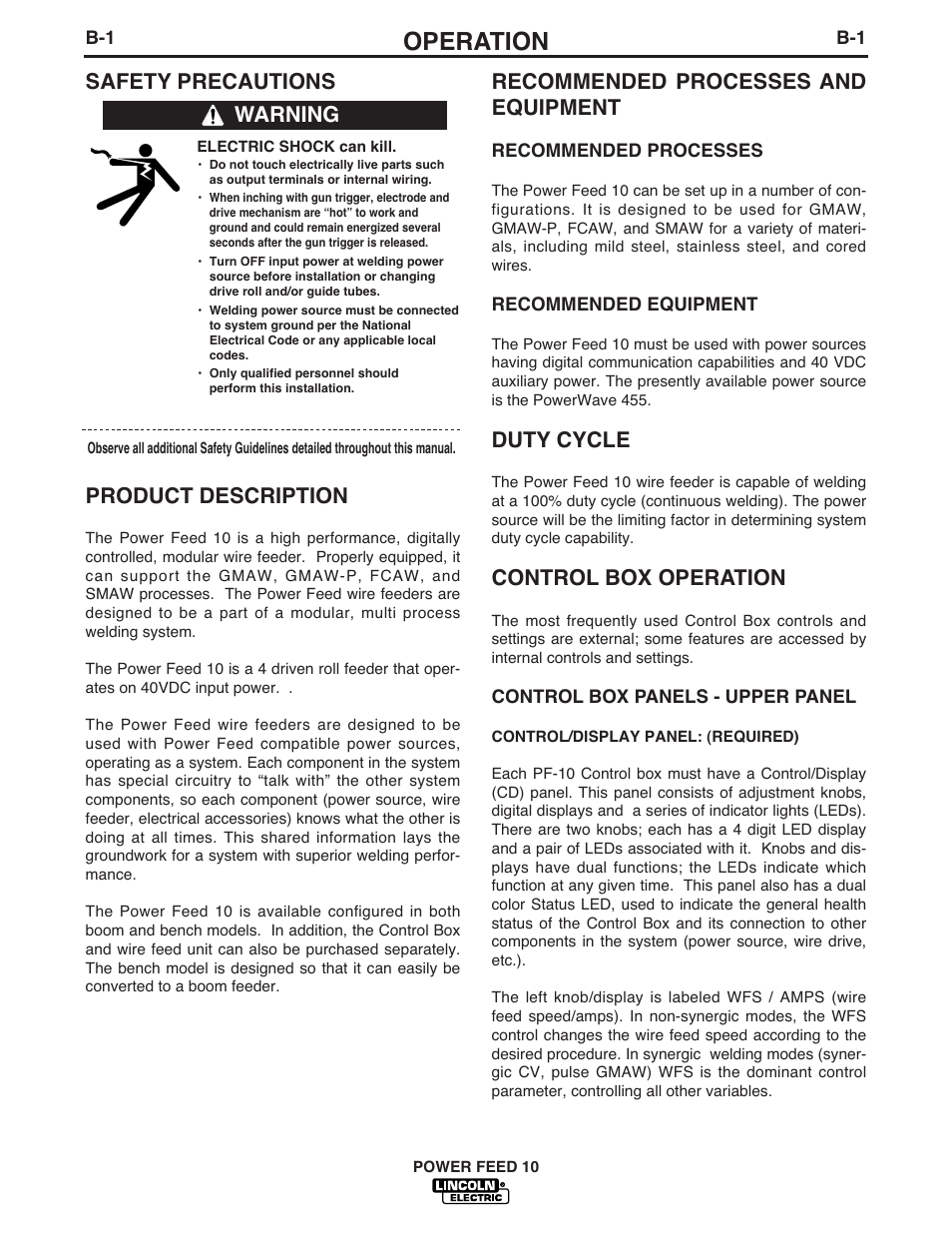 Operation, Safety precautions product description, Warning recommended processes and equipment | Duty cycle, Control box operation | Lincoln Electric POWER FEED IM584-D User Manual | Page 23 / 68