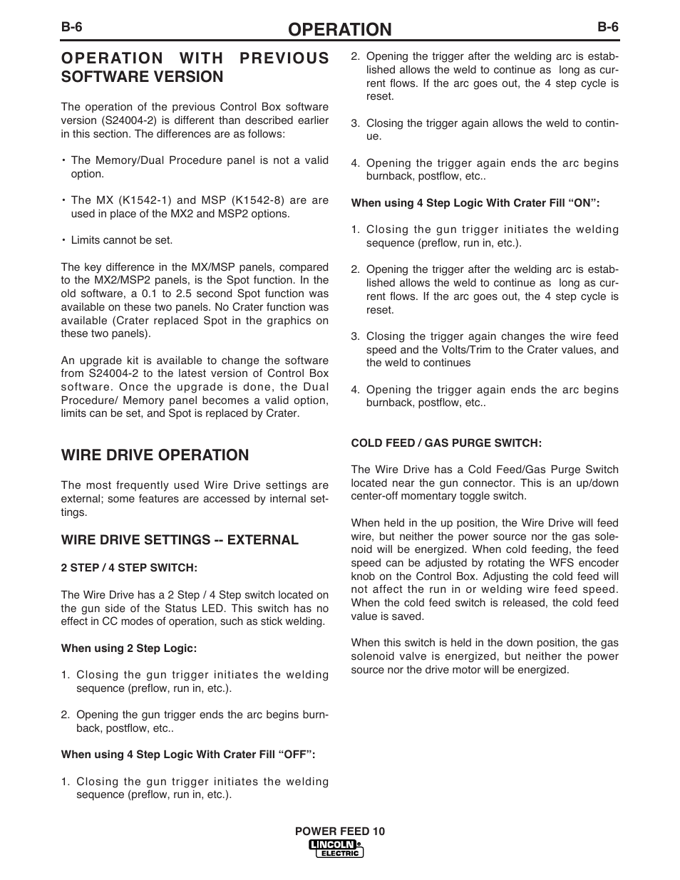 Operation, Operation with previous software version, Wire drive operation | Lincoln Electric POWER FEED IM584-D User Manual | Page 28 / 68