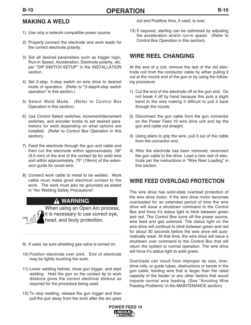Operation, Making a weld, Wire reel changing | Wire feed overload protection, Warning | Lincoln Electric POWER FEED IM584-D User Manual | Page 32 / 68