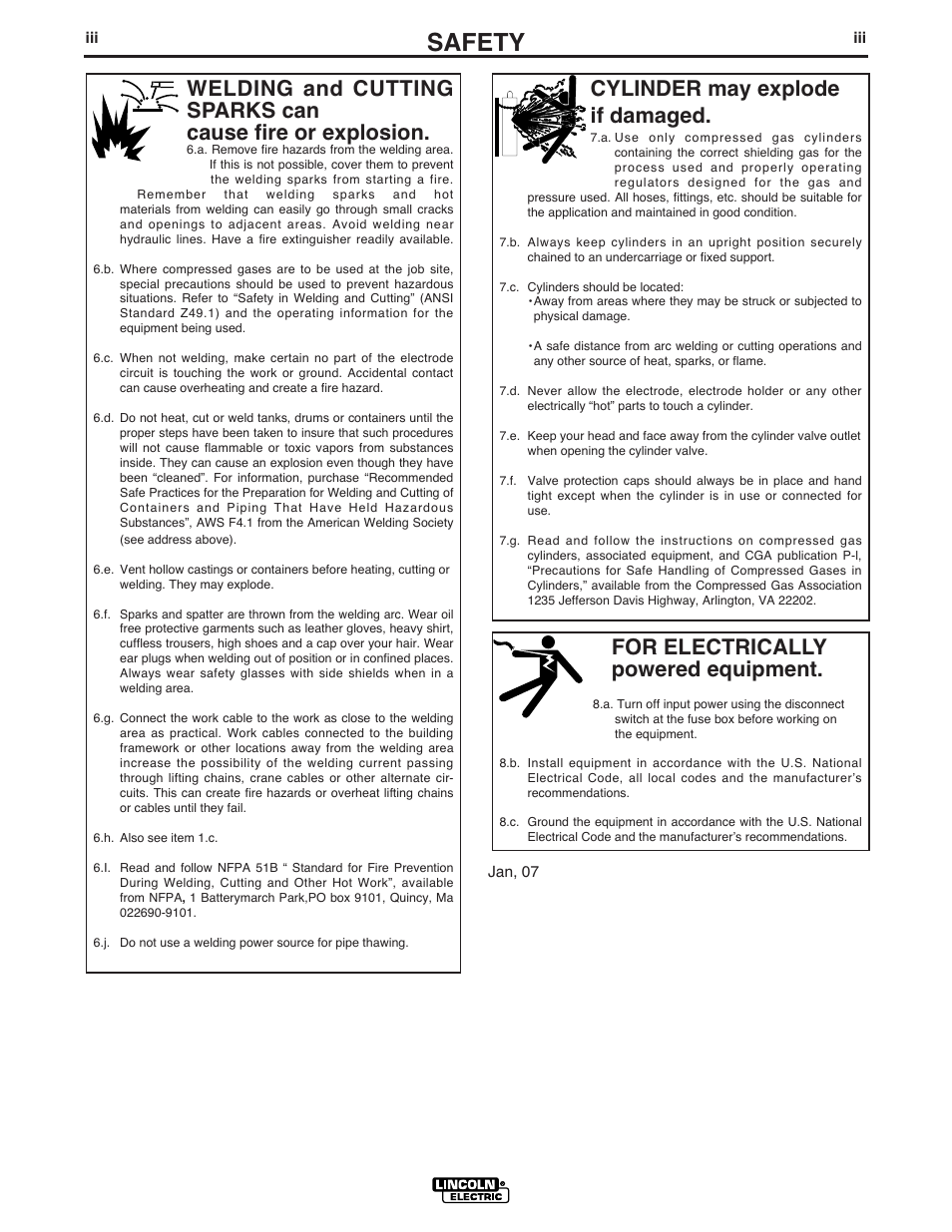 Safety, For electrically powered equipment, Cylinder may explode if damaged | Lincoln Electric POWER FEED IM584-D User Manual | Page 4 / 68