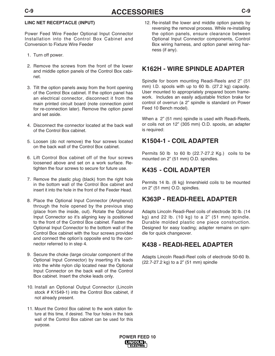 Accessories, K162h - wire spindle adapter, K435 - coil adapter | K363p - readi-reel adapter, K438 - readi-reel adapter | Lincoln Electric POWER FEED IM584-D User Manual | Page 43 / 68