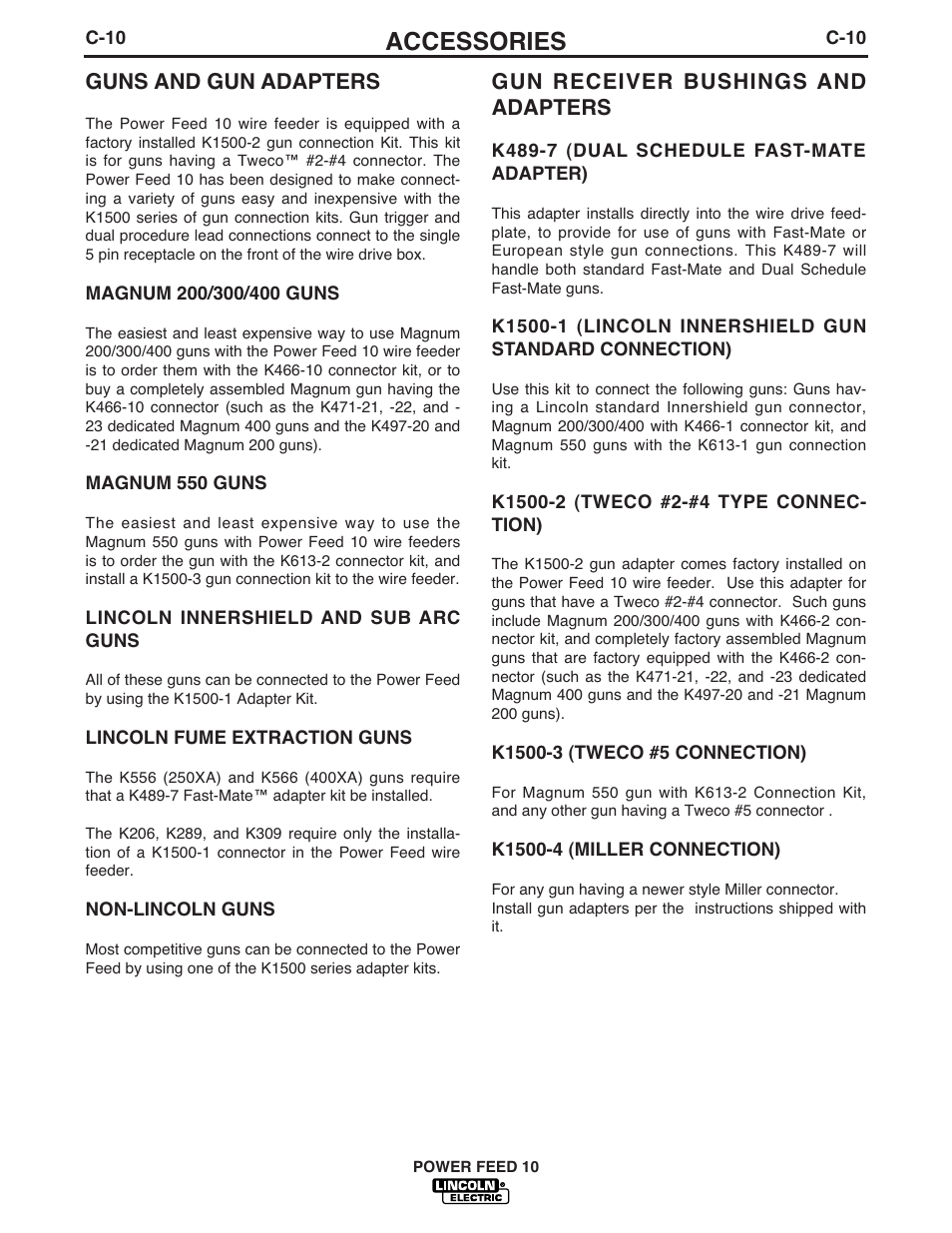 Accessories, Guns and gun adapters, Gun receiver bushings and adapters | Lincoln Electric POWER FEED IM584-D User Manual | Page 44 / 68