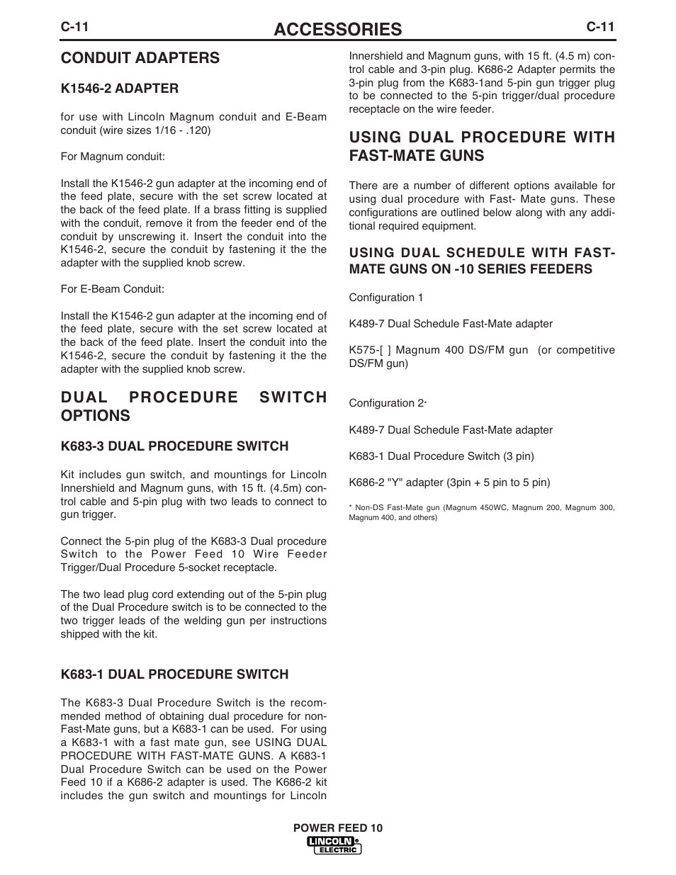 Accessories, Conduit adapters, Dual procedure switch options | Using dual procedure with fast-mate guns | Lincoln Electric POWER FEED IM584-D User Manual | Page 45 / 68