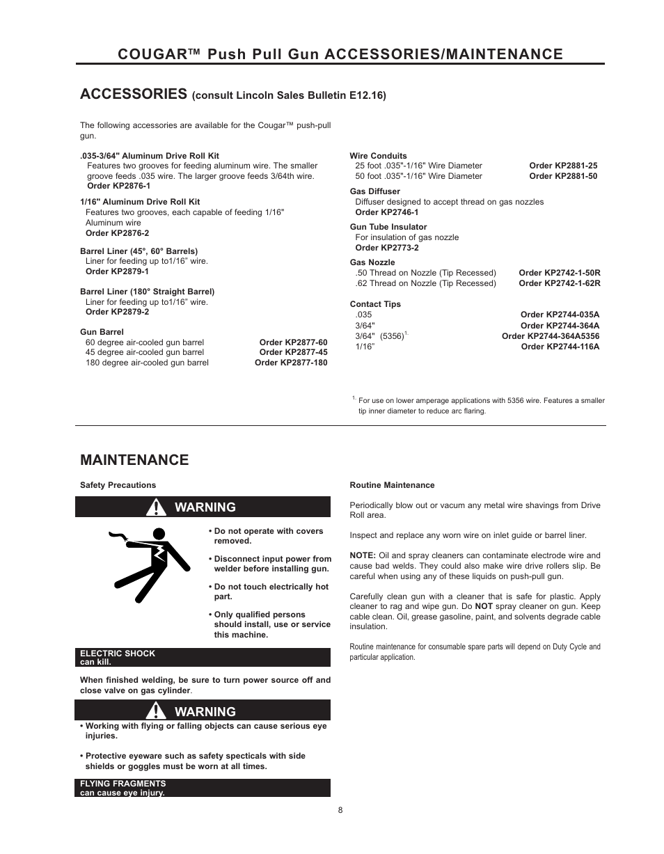 Cougar™ push pull gun accessories/maintenance, Accessories, Maintenance | Warning | Lincoln Electric COUGAR K2704-3 User Manual | Page 14 / 22