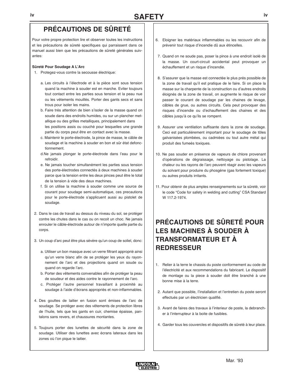 Safety, Précautions de sûreté | Lincoln Electric COUGAR K2704-3 User Manual | Page 5 / 22