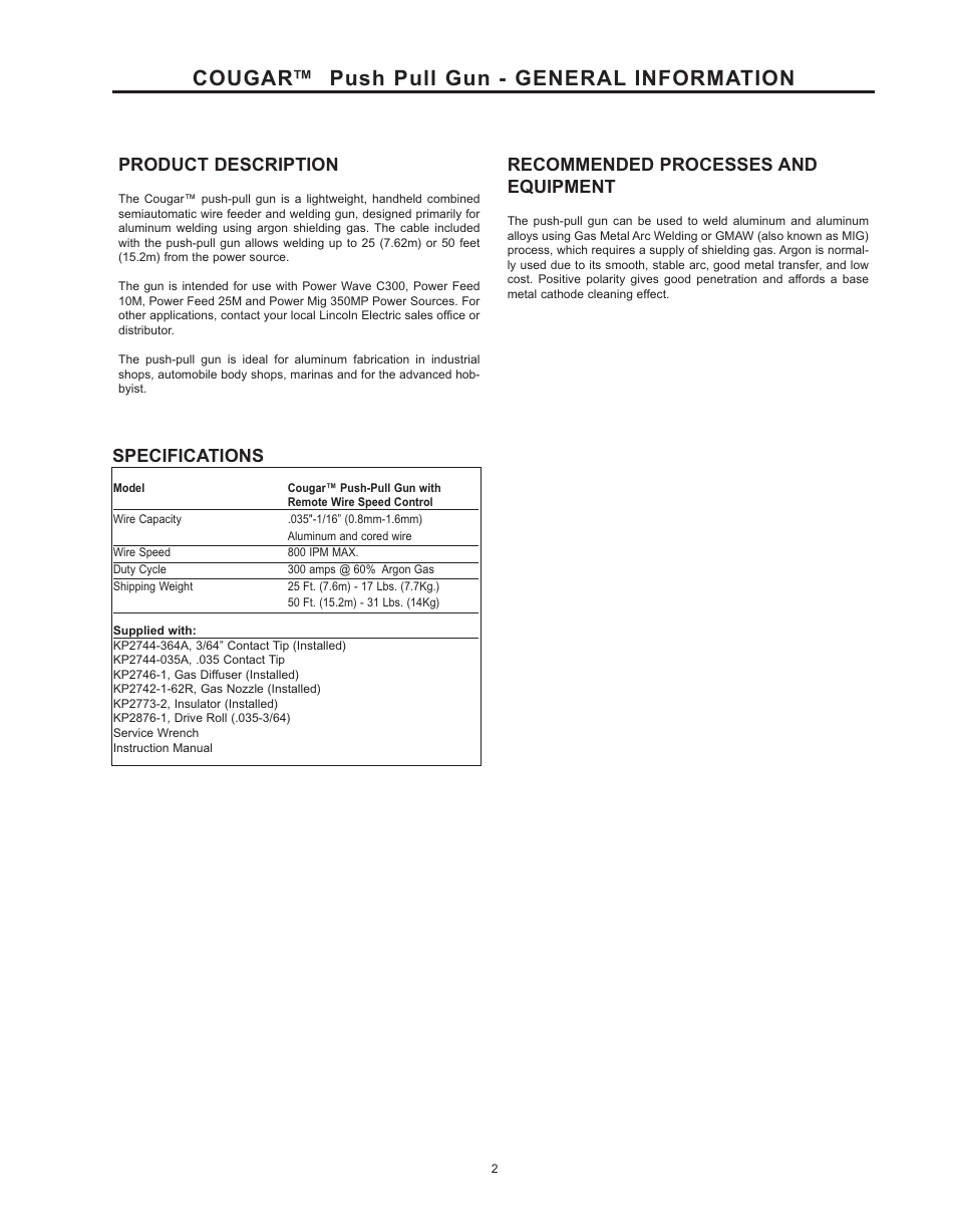 Cougar™ push pull gun - general information, Product description, Recommended processes and equipment | Specifications | Lincoln Electric COUGAR K2704-3 User Manual | Page 8 / 22