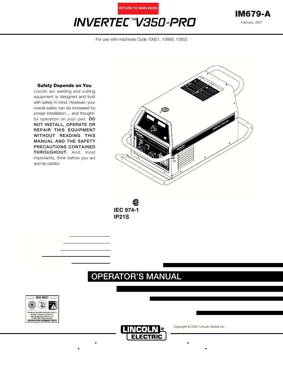 Lincoln Electric INVERTEC V350-PRO IM679-A User Manual | 40 pages