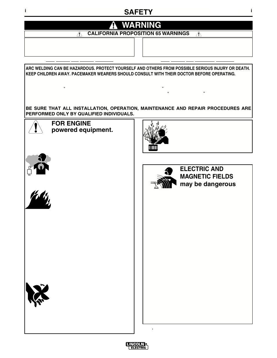 Warning, Safety, For engine powered equipment | Electric and magnetic fields may be dangerous | Lincoln Electric INVERTEC V350-PRO IM679-A User Manual | Page 2 / 40