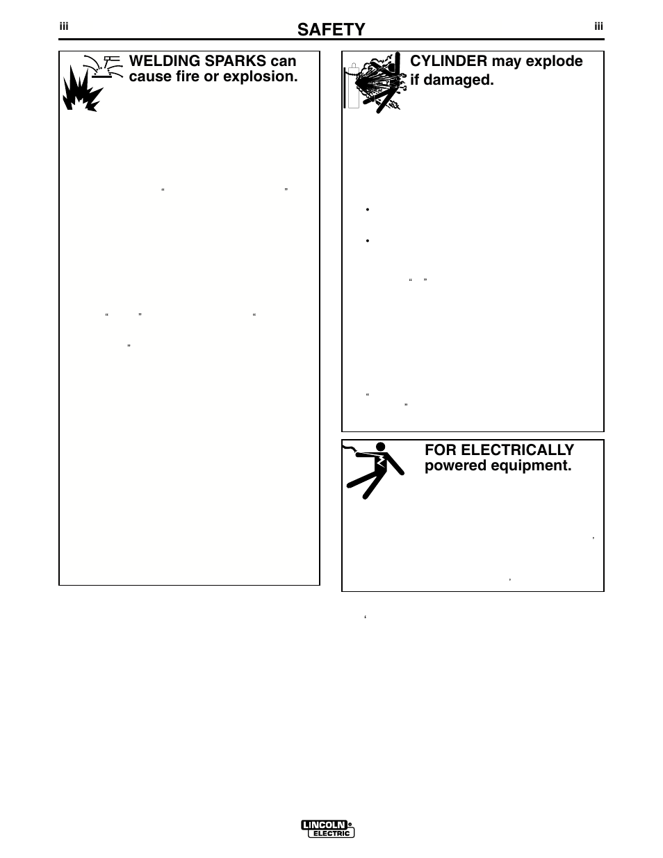 Safety, For electrically powered equipment, Cylinder may explode if damaged | Welding sparks can cause fire or explosion | Lincoln Electric INVERTEC V350-PRO IM679-A User Manual | Page 4 / 40