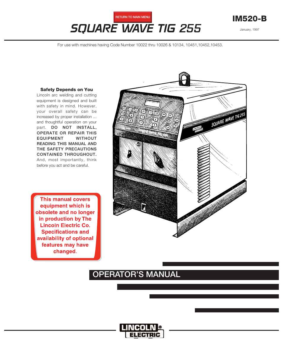Lincoln Electric SQUARE WAVE TIG 255 IM520-B User Manual | 40 pages