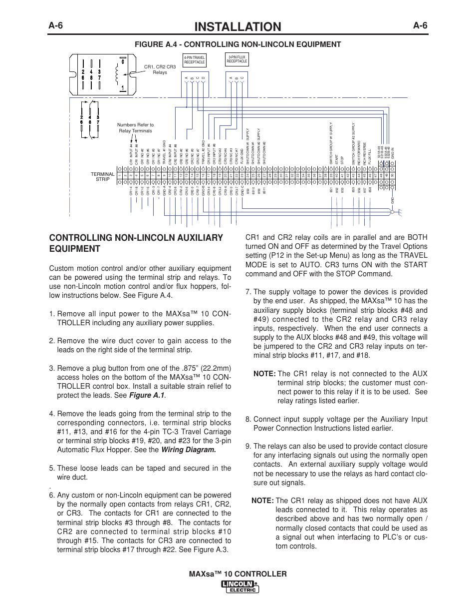 Installation, Controlling non-lincoln auxiliary equipment, Maxsa™ 10 controller | Lincoln Electric IM10023 User Manual | Page 13 / 48