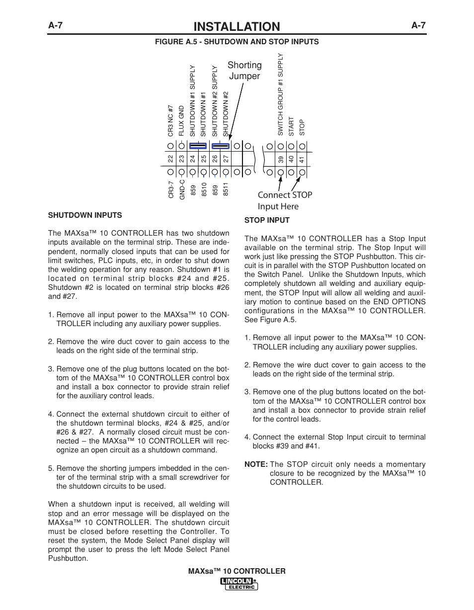 Installation, Shorting jumper connect stop input here | Lincoln Electric IM10023 User Manual | Page 14 / 48