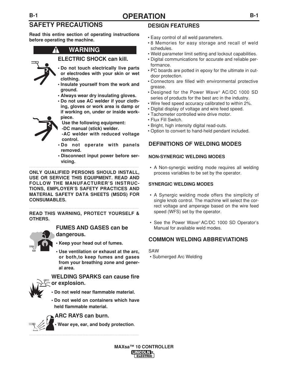 Operation, Safety precautions, Warning | Lincoln Electric IM10023 User Manual | Page 16 / 48