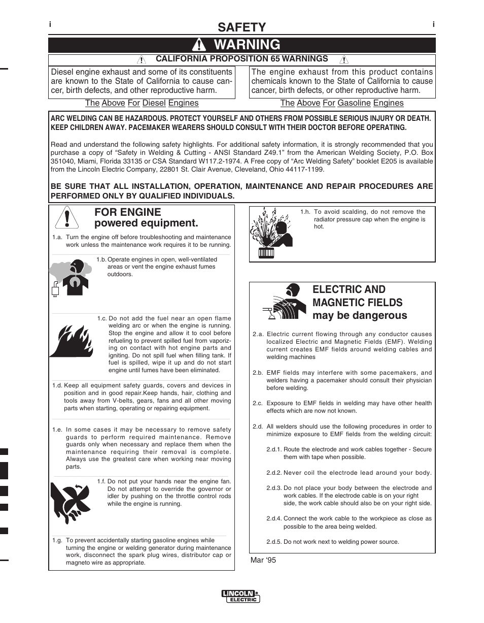 Operator’s manual, Warning, Safety | For engine powered equipment, Electric and magnetic fields may be dangerous | Lincoln Electric IM10023 User Manual | Page 2 / 48