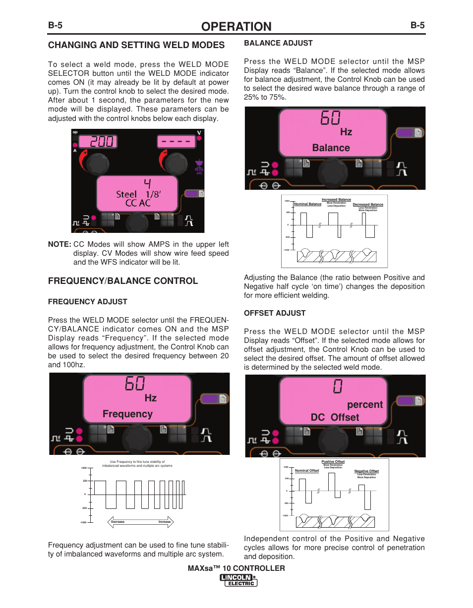 Operation, Hz frequency, Hz balance | Percent dc offset, B-5 changing and setting weld modes, Frequency/balance control | Lincoln Electric IM10023 User Manual | Page 20 / 48