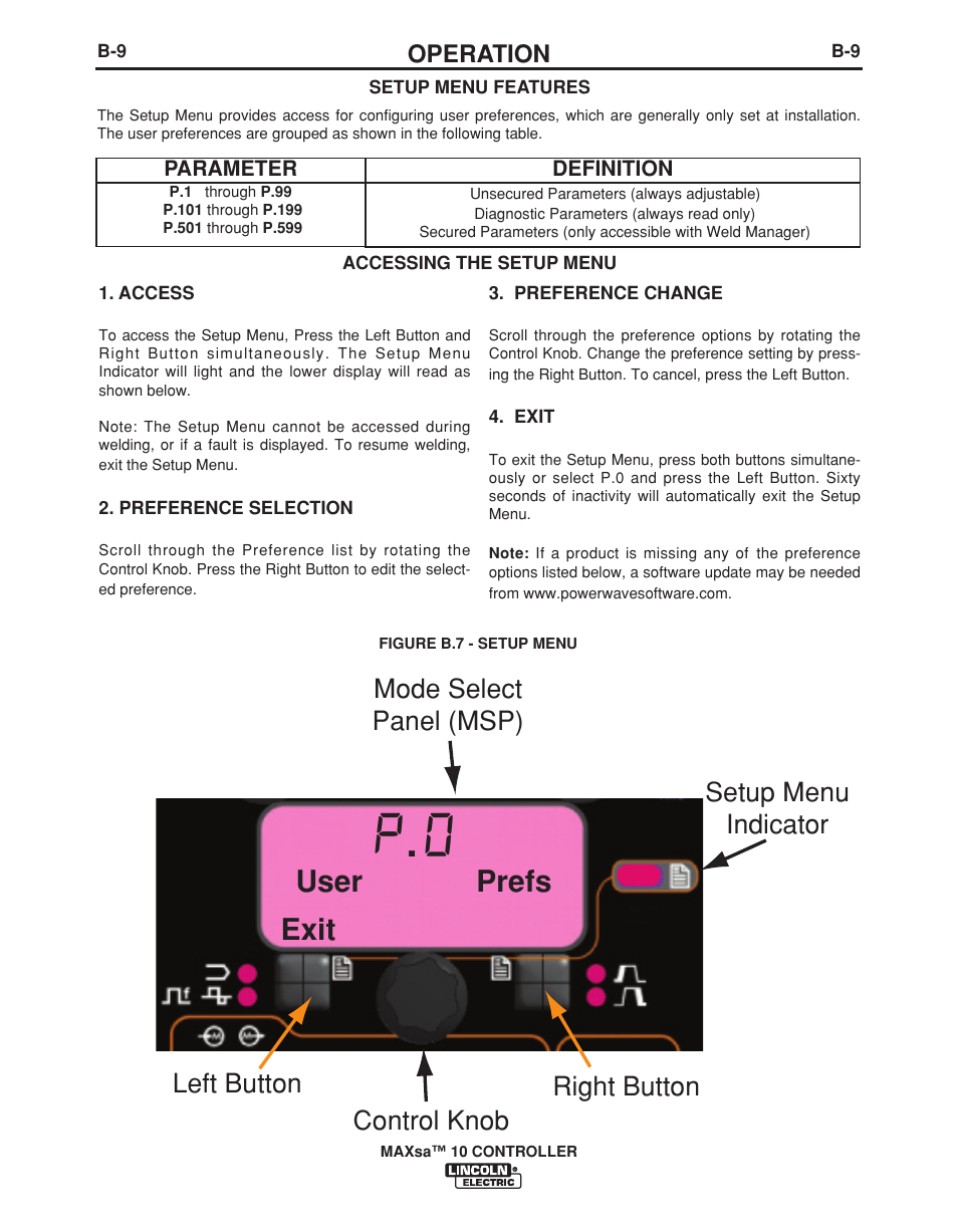 Exit user prefs, Operation | Lincoln Electric IM10023 User Manual | Page 24 / 48