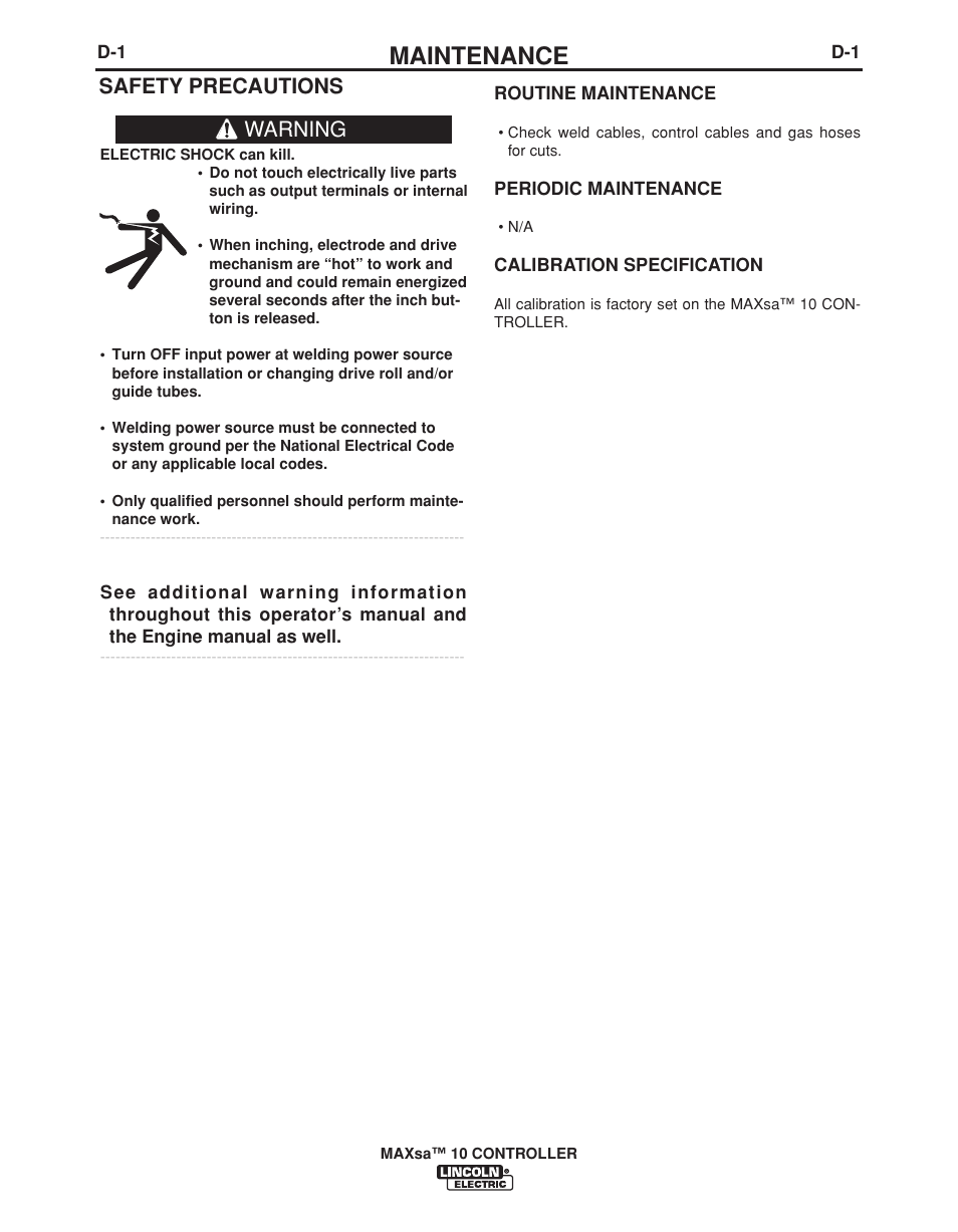 Maintenance, Safety precautions, Warning | Lincoln Electric IM10023 User Manual | Page 35 / 48