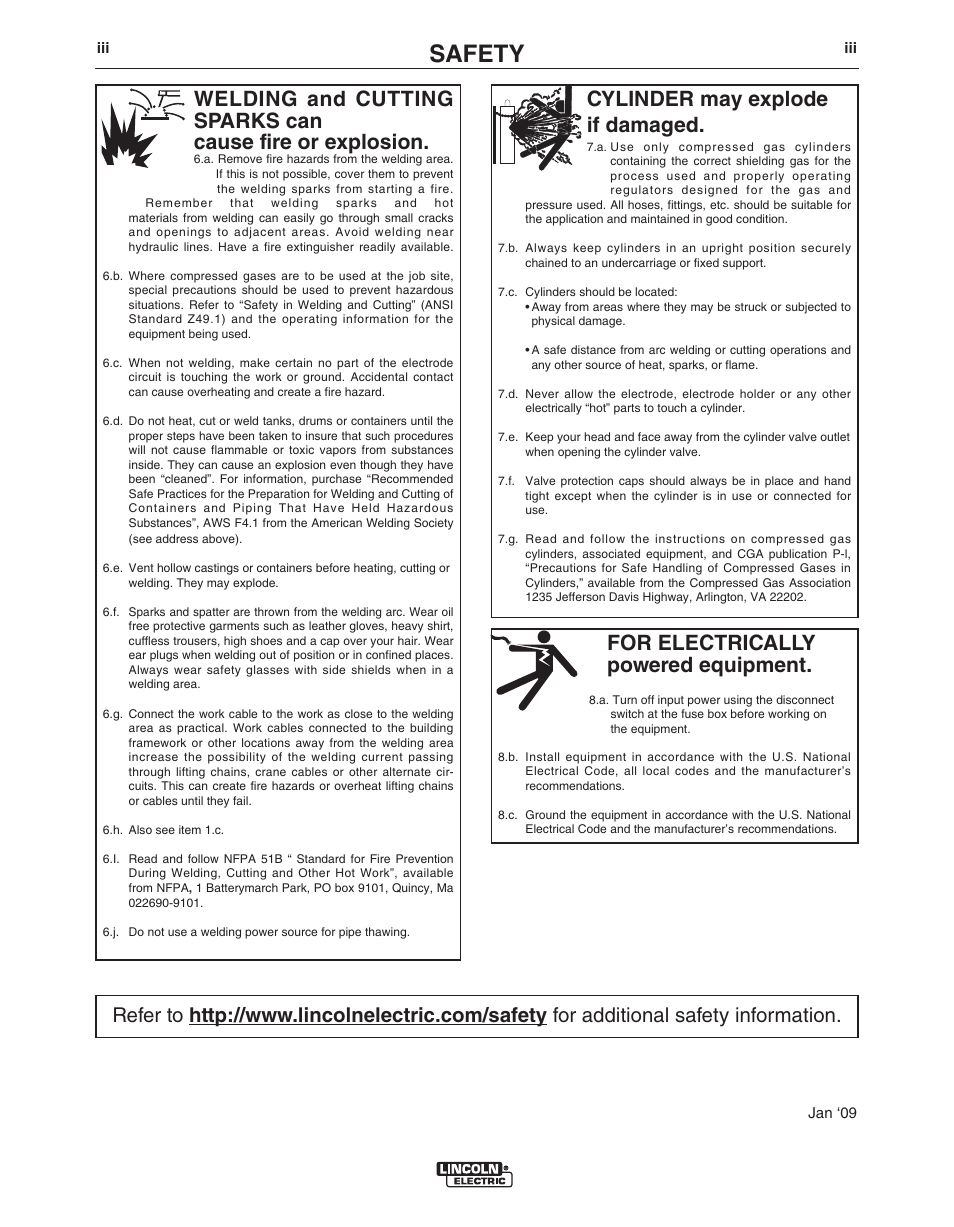 Safety, For electrically powered equipment, Cylinder may explode if damaged | Lincoln Electric IM10023 User Manual | Page 4 / 48