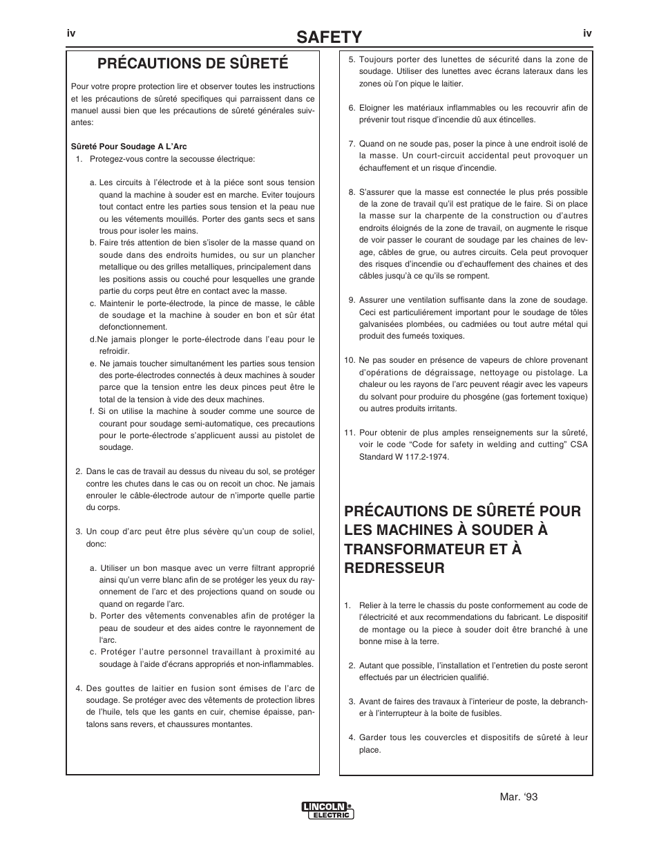 Safety, Précautions de sûreté | Lincoln Electric IM10023 User Manual | Page 5 / 48