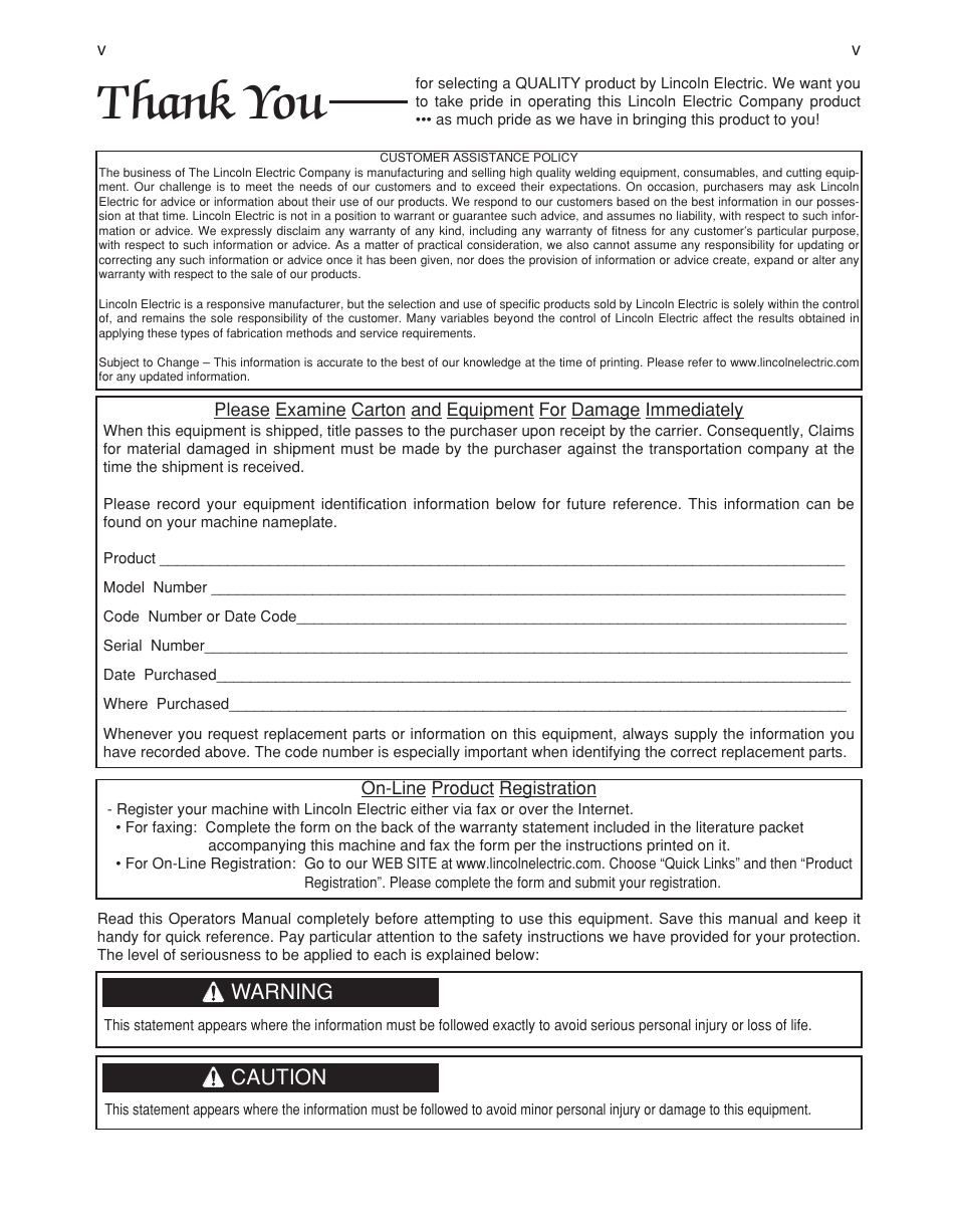 Warning, Caution | Lincoln Electric IM10023 User Manual | Page 6 / 48