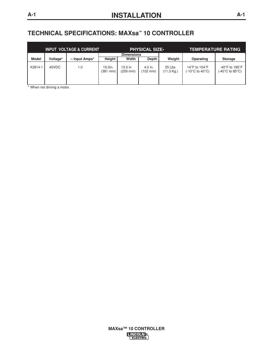 Installation, Technical specifications: maxsa, 10 controller | Lincoln Electric IM10023 User Manual | Page 8 / 48