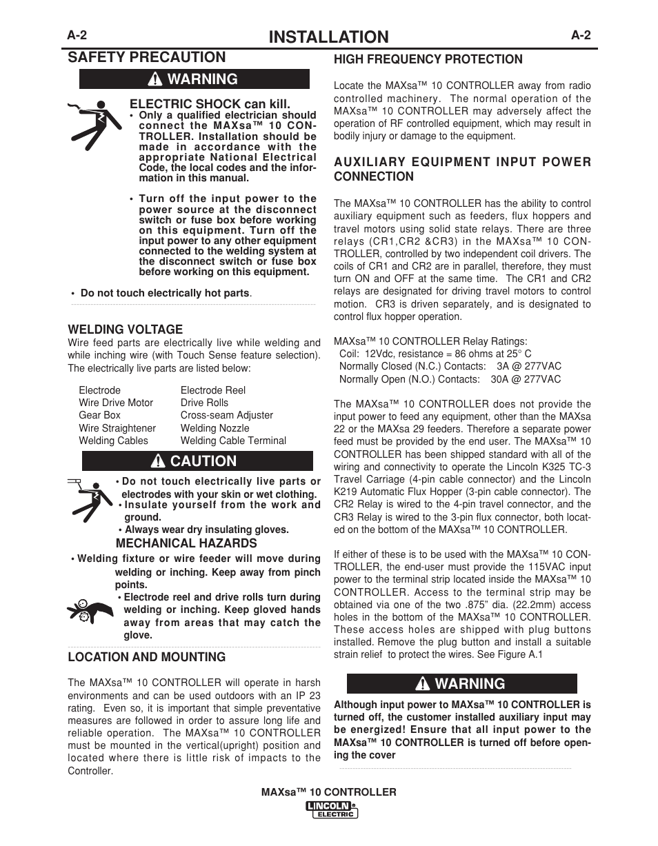 Installation, Safety precaution, Warning | Warning caution | Lincoln Electric IM10023 User Manual | Page 9 / 48